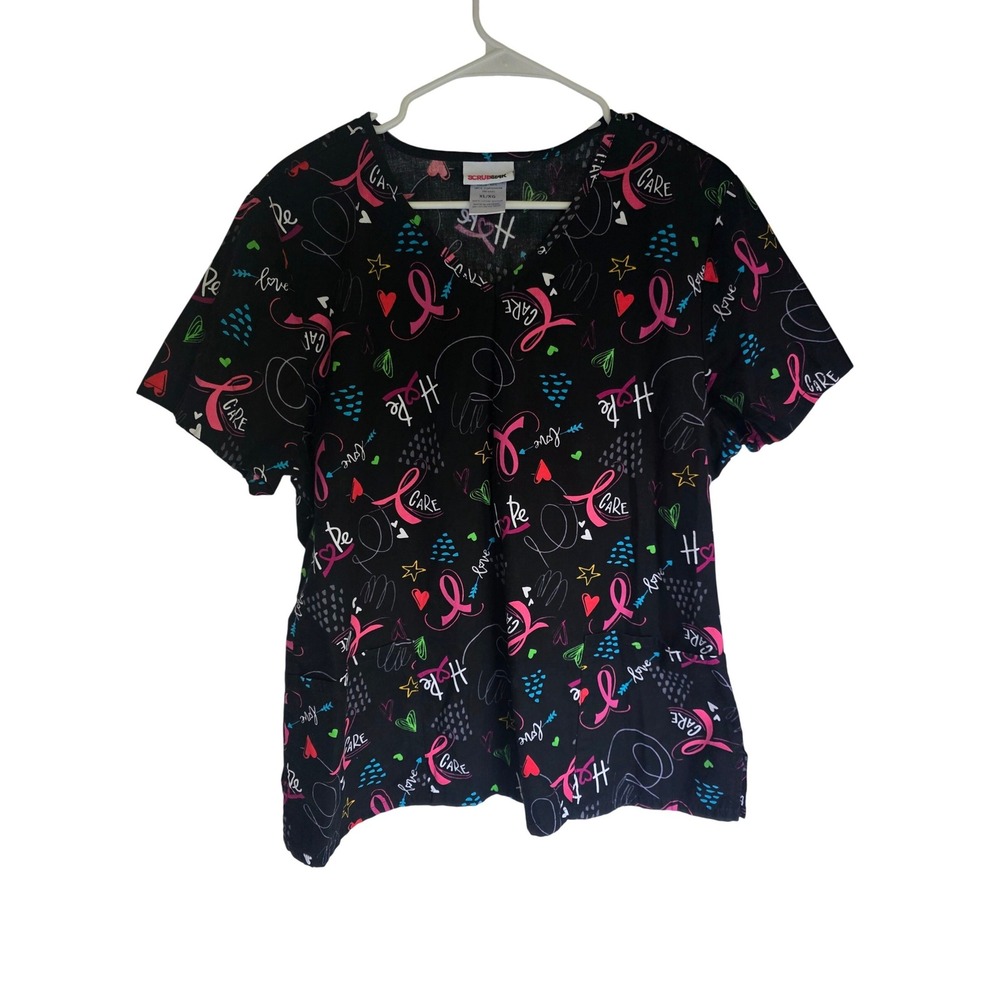 Scrubstar Womens‎ XL Black Breast Cancer Awareness Pink Ribbon V-Neck Scrub Top